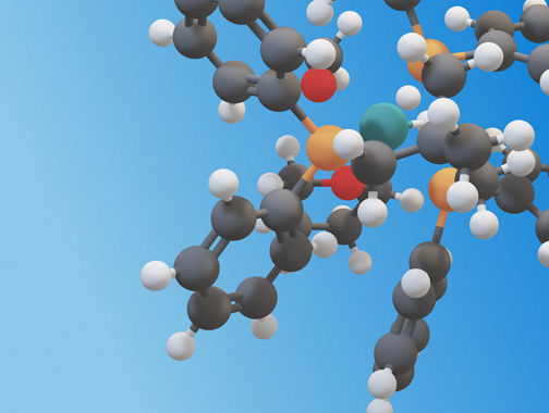 Three‑dimensional molecular model showing interconnected atoms as colored spheres and bonds against a blue background