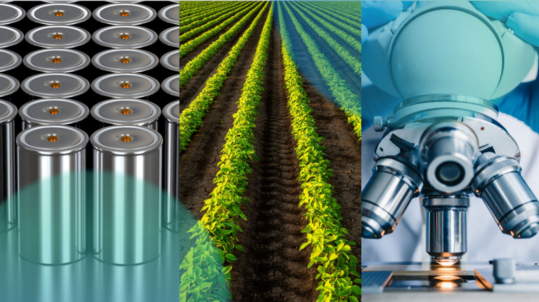 Applications of quantum chemistry image showing batteries, farming and life sciences