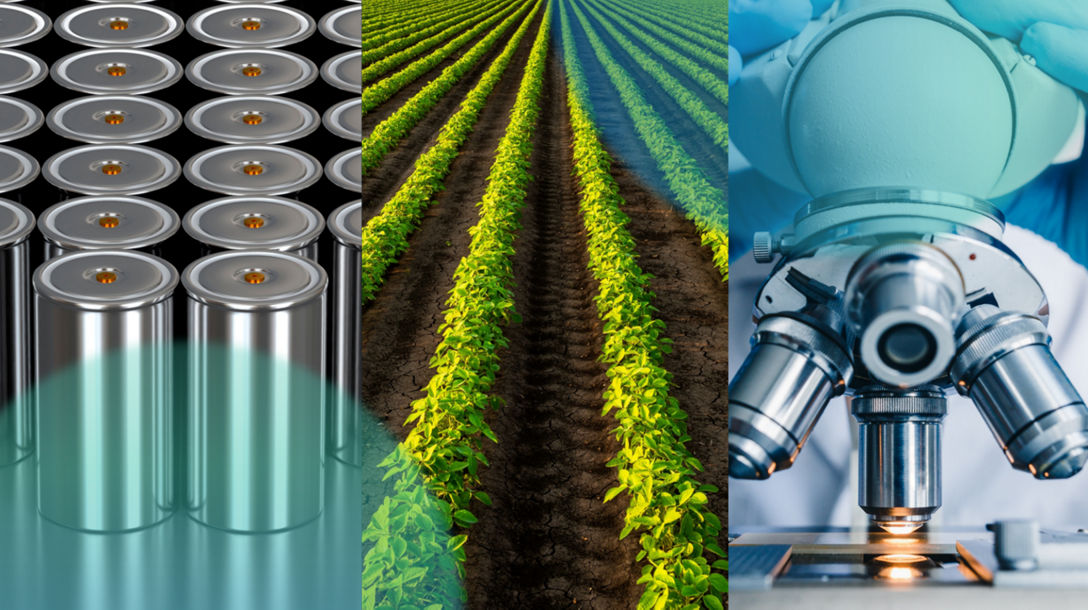 Applications of quantum chemistry image showing batteries, farming and life sciences