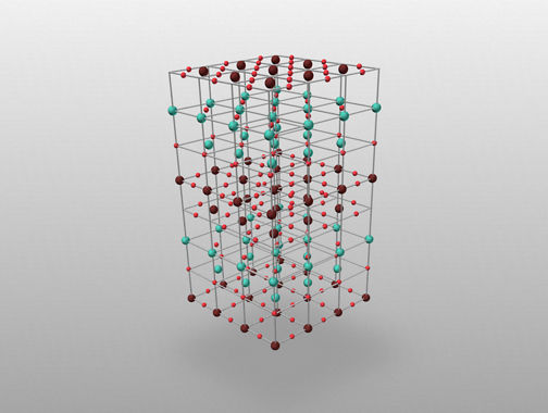 3D visualization of a crystal lattice structure showing atoms arranged in a cubic grid, represented by colored spheres connected by lines