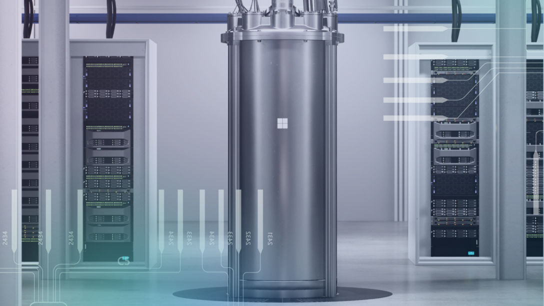 Conceptual image showing Microsoft-branded quantum computer in a datacenter