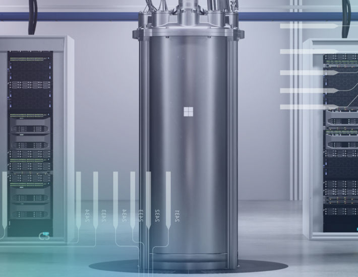 Conceptual image showing a Microsoft-branded quantum computer in a datacenter