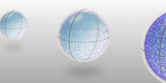 Three Bloch spheres showing progressive quantum state distributions, from sparse points to dense coverage, representing qubit state sampling