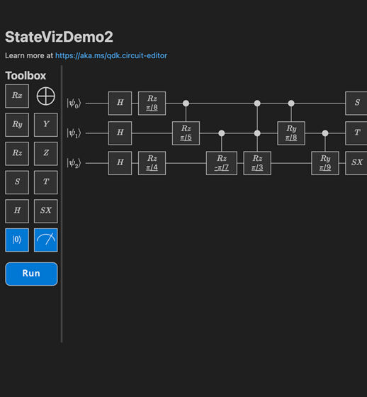 Image of circuit editor including a live quantum state visualizer showing probability amplitudes and phases in real time as the circuit is edited. 