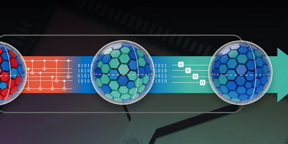 Hero image showing illustration of quantum information progressing through three stages of error correction and stabilization