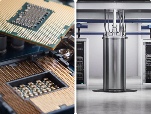 Quantum processor chip and utility-scale quantum computing system shown side by side.