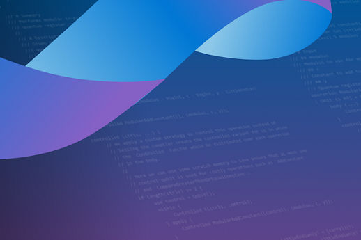Abstract blue and purple background with a flowing ribbon shape over faint code text