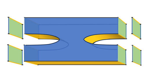 Diagram of a blue structure with curved cutouts and surrounding components