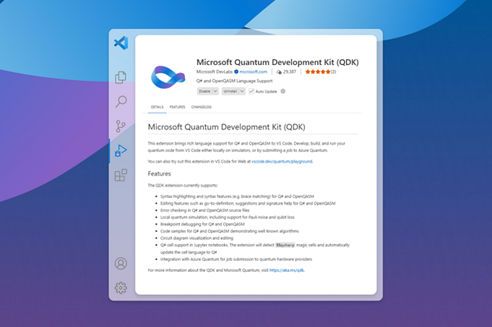 Screenshot of Microsoft Quantum Development Kit (QDK) overview page with feature details in a desktop window
