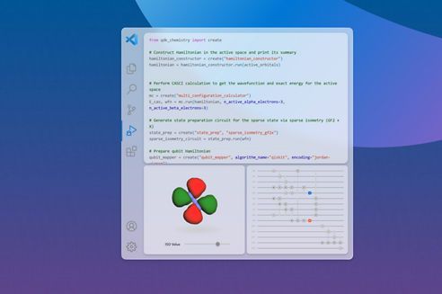 Visual Studio Code interface showing Python code for a quantum chemistry workflow, with a molecule orbital visualization and a quantum circuit diagram displayed below the code editor.