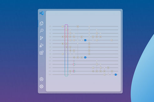 Visual Studio Code editor with quantum program source code on the left and a quantum circuit visualization on the right, with a simulation completion message visible in the output panel.