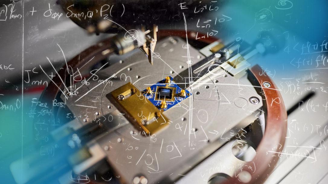 Handwritten math overlaid on image of quantum chip being manufactured